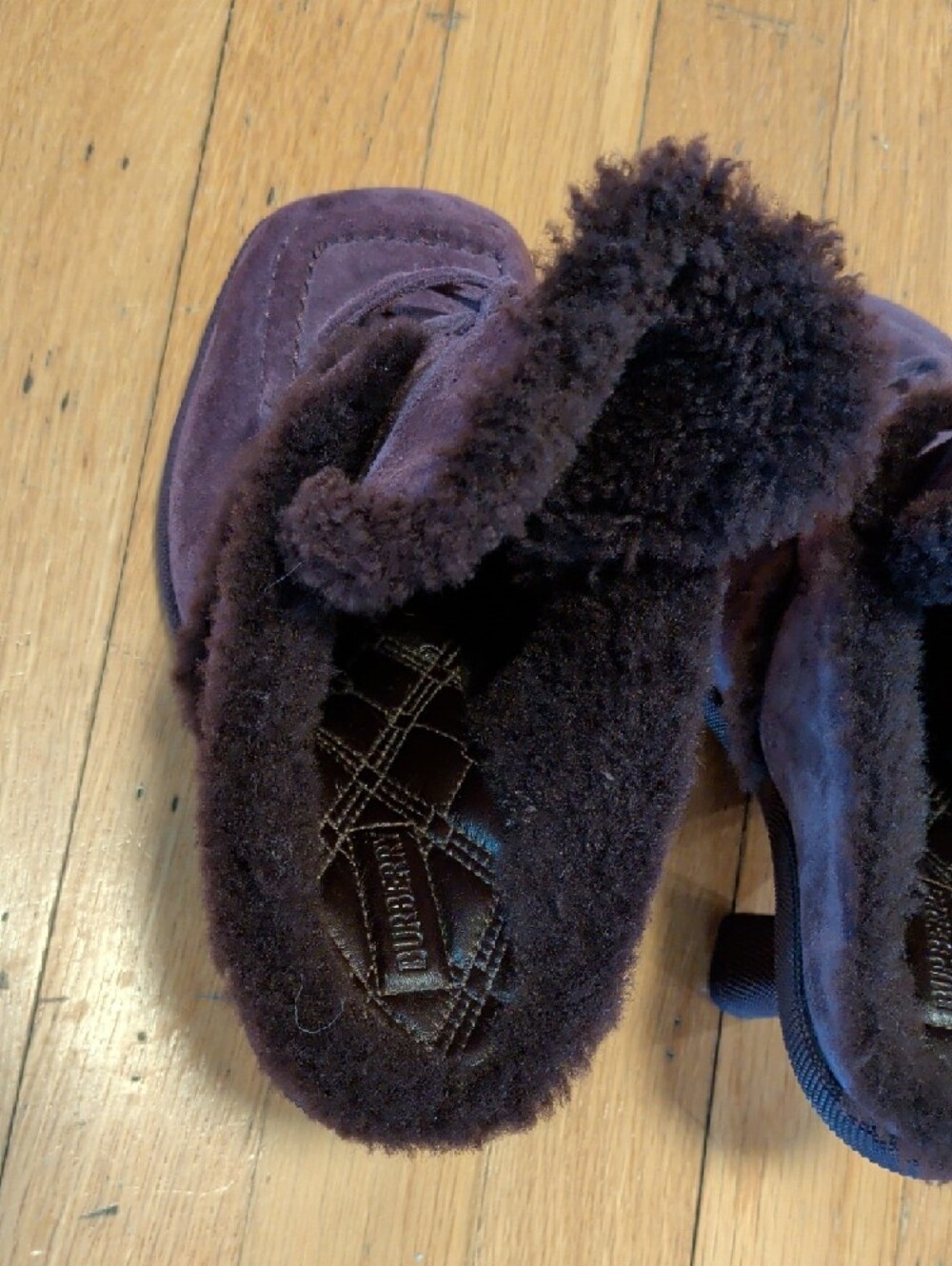Burberry Dark Purple Suede Fur-Trim Heeled Booties - Picture 3 of 5